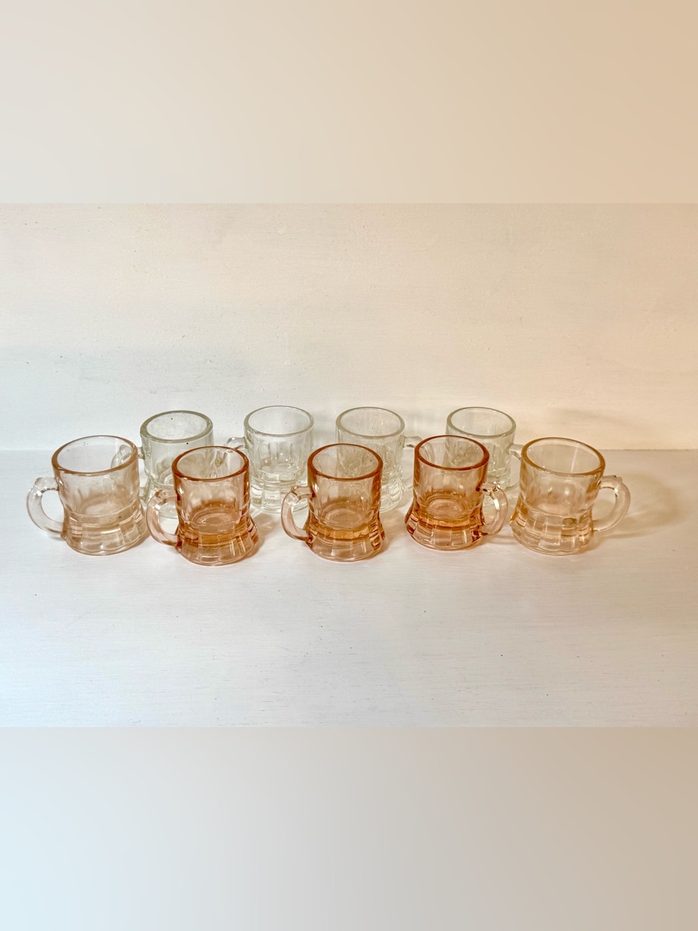 9 Vintage Federal Glass Mini Beer Stein Mugs Shot Glasses 5 Pink Depression